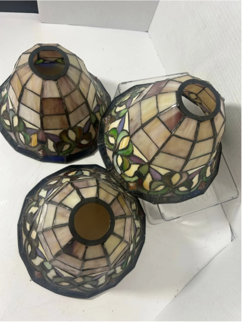 Vintage Tiffany Style Marble Slag Stained Glass Lamp Shades Set 3 Floral Retro